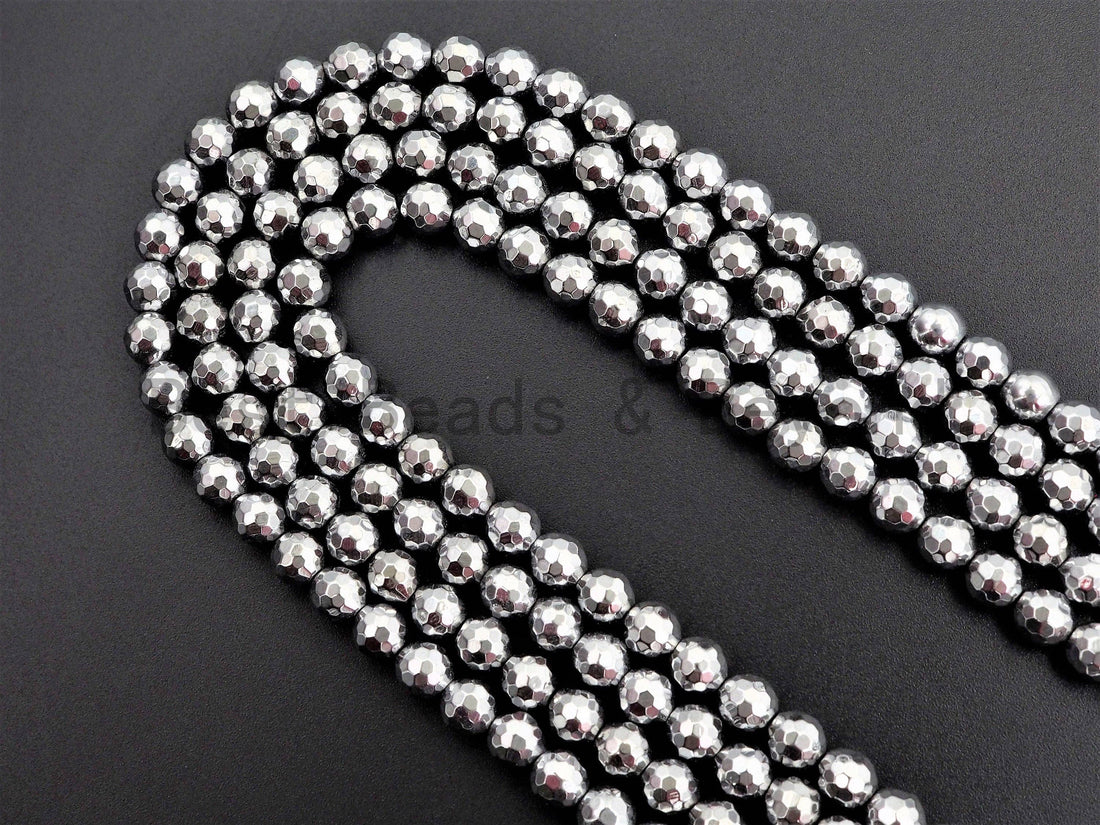 Natural Silver Hematite Beads-2mm/3mm/4mm/6mm/8mm/10mm/12mm Round Faceted Gemstone Beads-15inch Fullstrand-Metallic silver Beads, SKU#S118