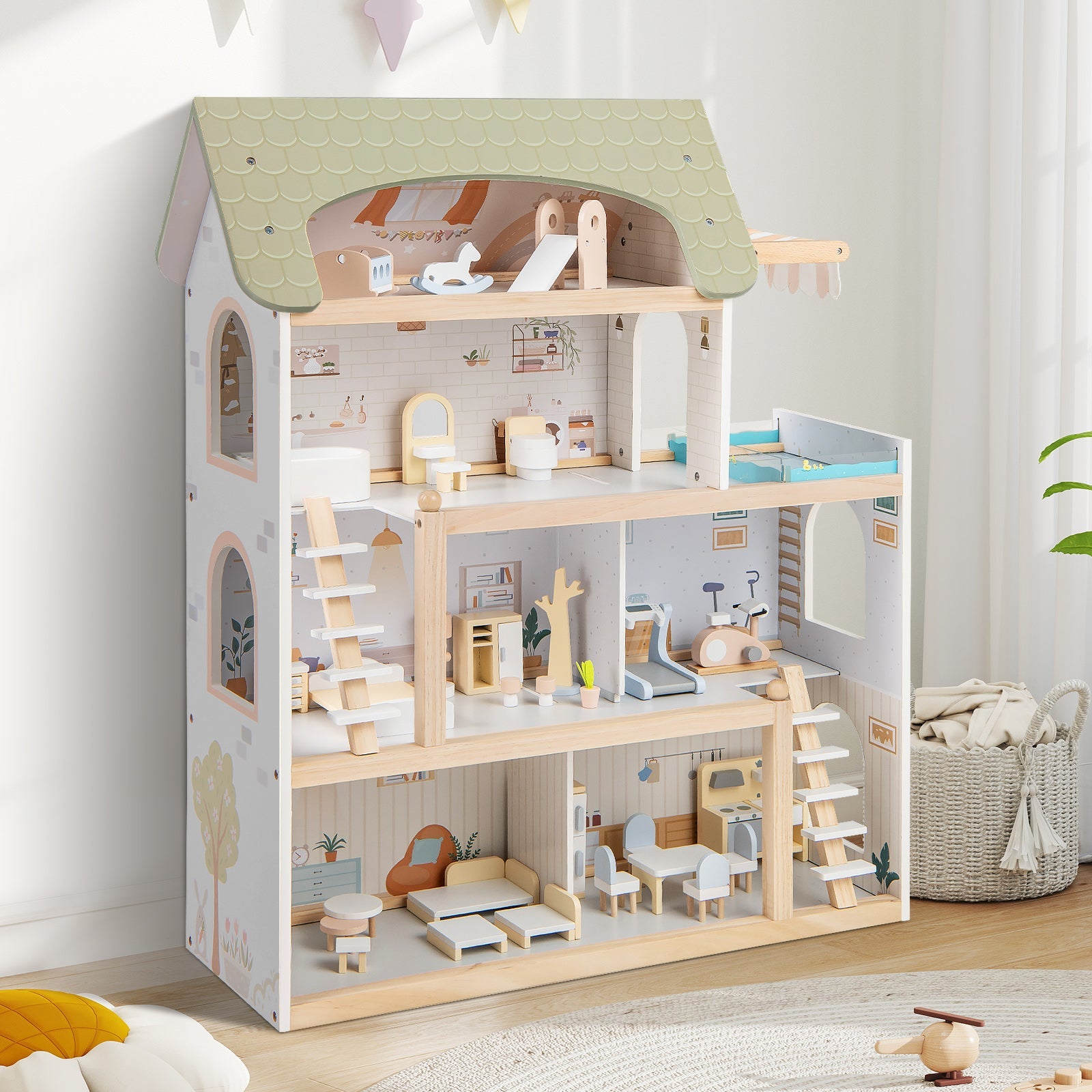 Wooden Dollhouse Kids DIY Pretend Playhouse with 33 PCS Furniture Accessories-Green