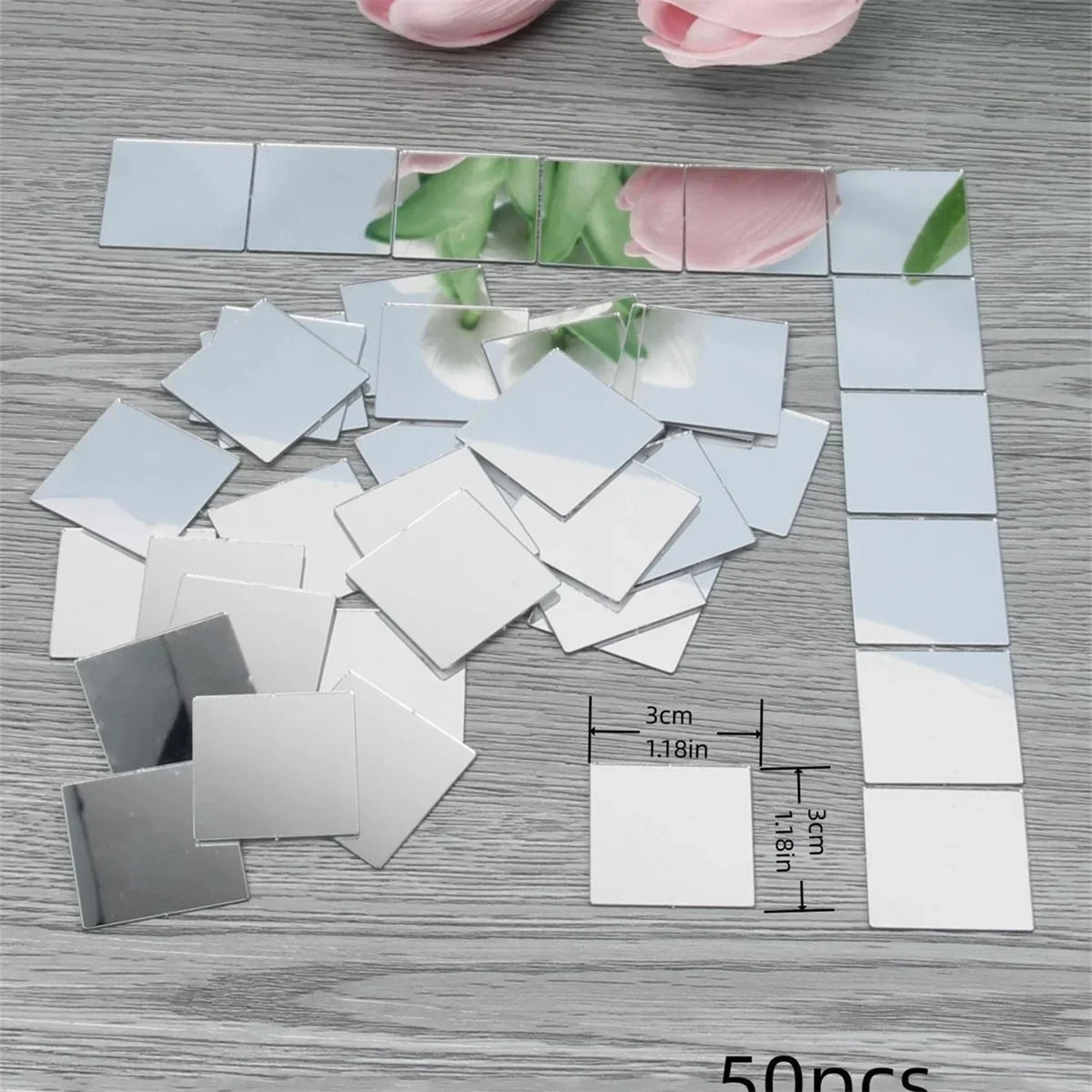 50pcs Mini Square Silver 3cm Glass Mirror Tiles Small True Glass Mosaic for DIY Crafts Art Supplies, Home Wall Door Decor