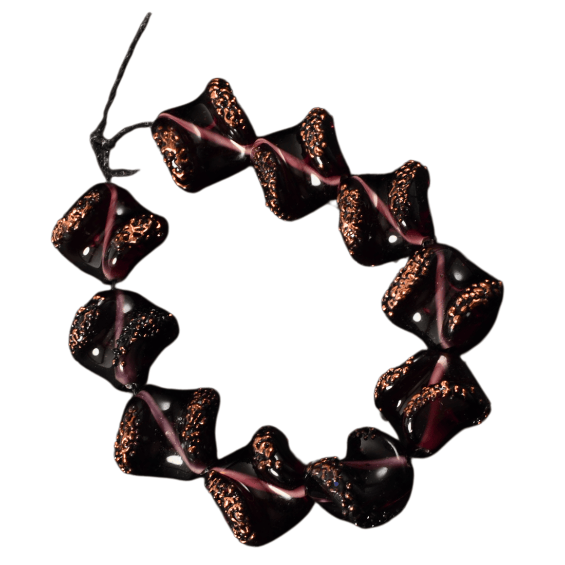 Handmade Lampwork Glass Bead Strand - Black & Copper Saddle Beads