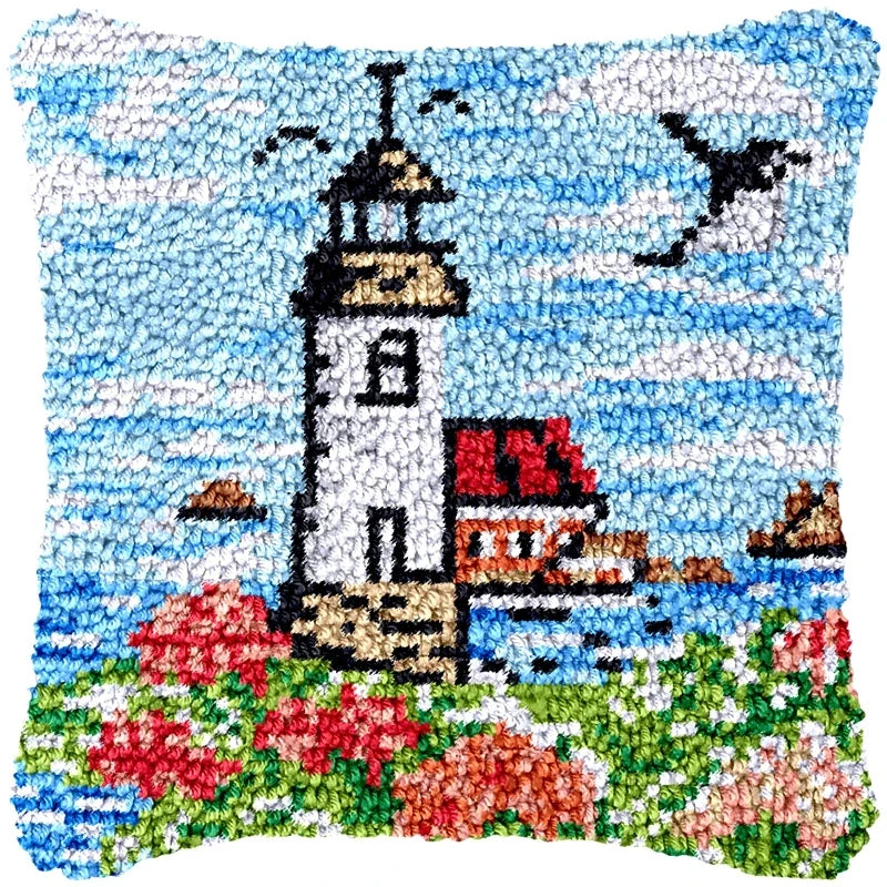 Lighthouse Sailing Latch Hook Set Embroidery Latch Hook Kit Marine Animals Latch Hook Pillow Set Button Pad Package Handmade DIY