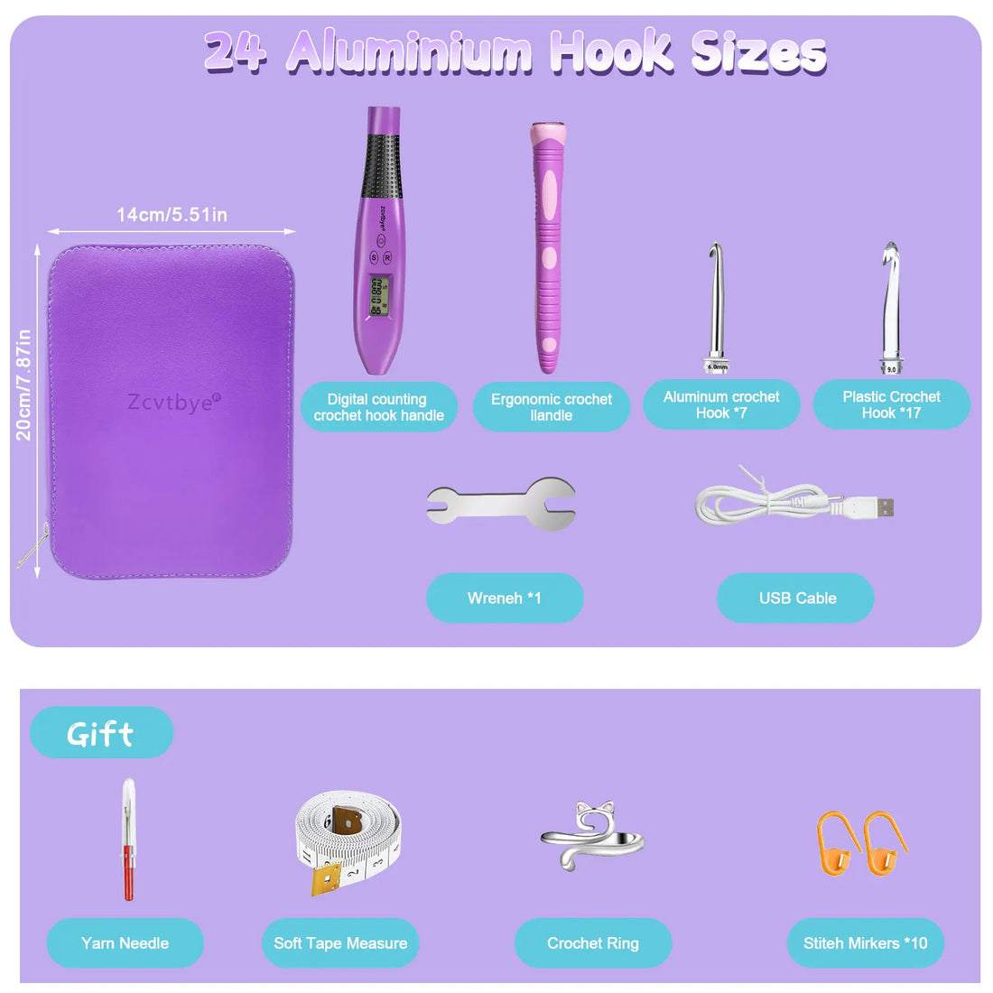 24 Piece Crochet Hook Set with LED Counter