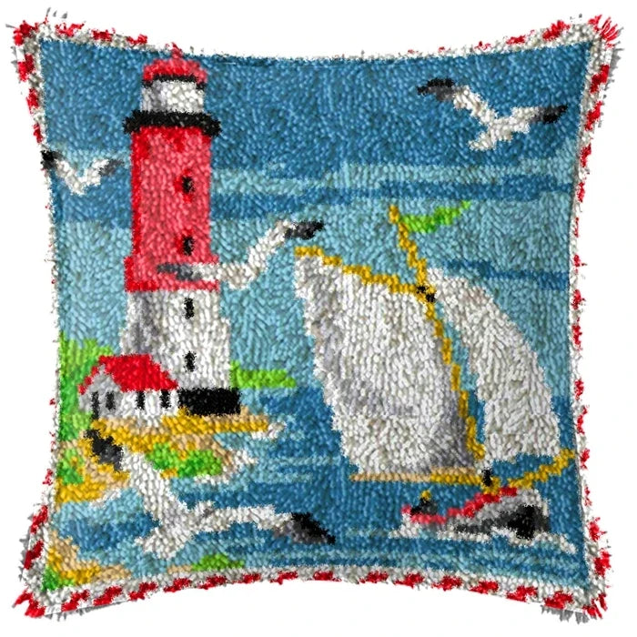 Lighthouse Sailing Latch Hook Set Embroidery Latch Hook Kit Marine Animals Latch Hook Pillow Set Button Pad Package Handmade DIY