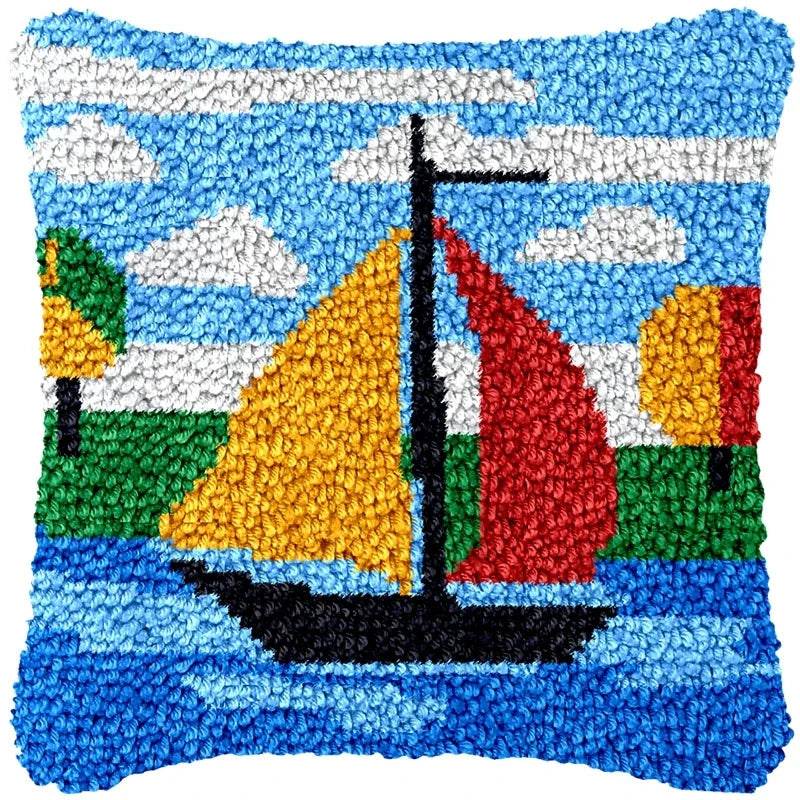 Lighthouse Sailing Latch Hook Set Embroidery Latch Hook Kit Marine Animals Latch Hook Pillow Set Button Pad Package Handmade DIY