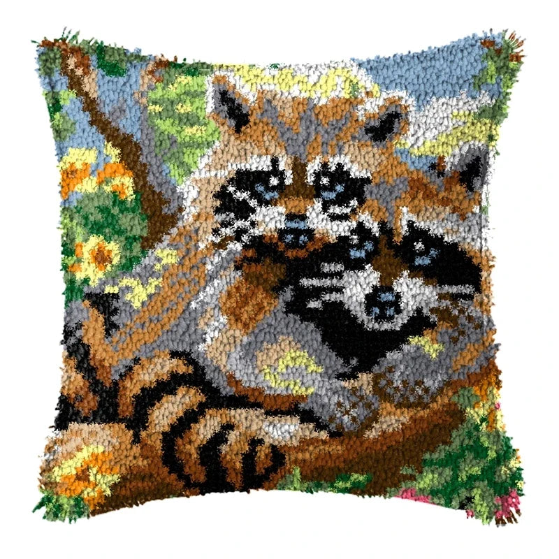 Knot Pillow Package Cartoon Animals Latch Hook Kit Cushion Pillowcase Kussen Set For Needlework Dog Raccoon Latch Hook Kits DIY