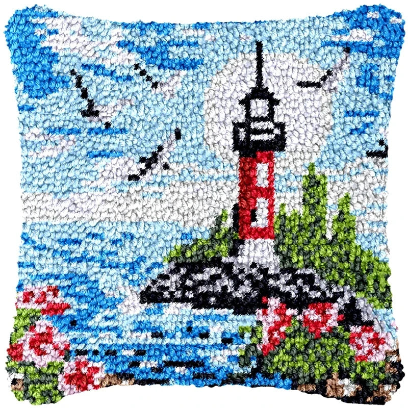 Lighthouse Sailing Latch Hook Set Embroidery Latch Hook Kit Marine Animals Latch Hook Pillow Set Button Pad Package Handmade DIY