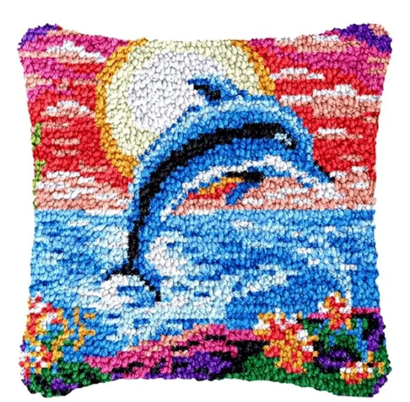 Lighthouse Sailing Latch Hook Set Embroidery Latch Hook Kit Marine Animals Latch Hook Pillow Set Button Pad Package Handmade DIY