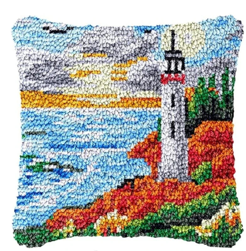 Lighthouse Sailing Latch Hook Set Embroidery Latch Hook Kit Marine Animals Latch Hook Pillow Set Button Pad Package Handmade DIY