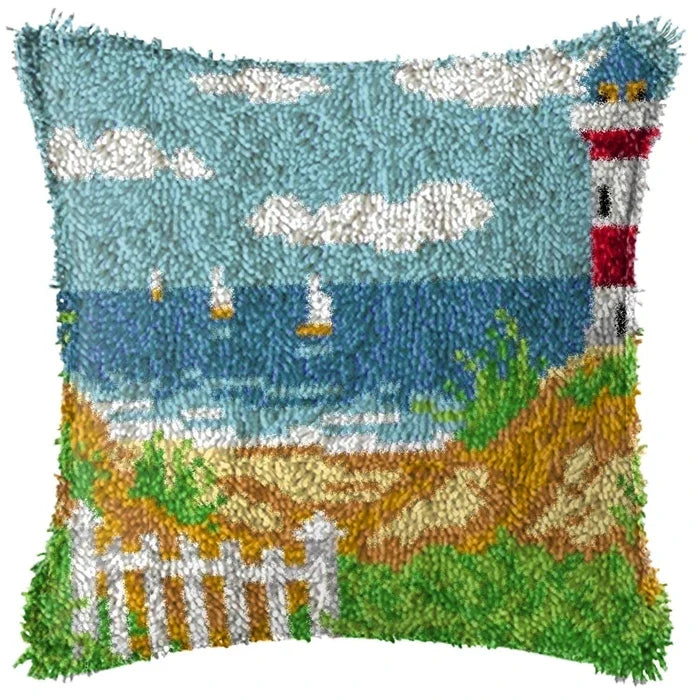 Lighthouse Sailing Latch Hook Set Embroidery Latch Hook Kit Marine Animals Latch Hook Pillow Set Button Pad Package Handmade DIY