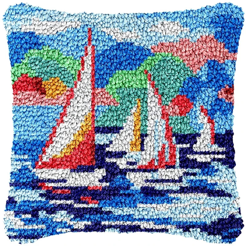 Lighthouse Sailing Latch Hook Set Embroidery Latch Hook Kit Marine Animals Latch Hook Pillow Set Button Pad Package Handmade DIY