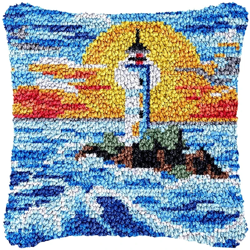 Lighthouse Sailing Latch Hook Set Embroidery Latch Hook Kit Marine Animals Latch Hook Pillow Set Button Pad Package Handmade DIY