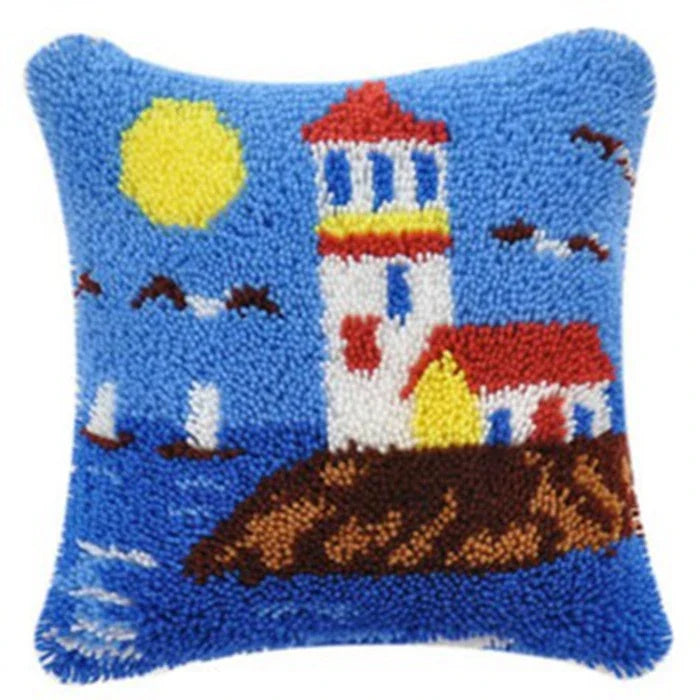 Lighthouse Sailing Latch Hook Set Embroidery Latch Hook Kit Marine Animals Latch Hook Pillow Set Button Pad Package Handmade DIY