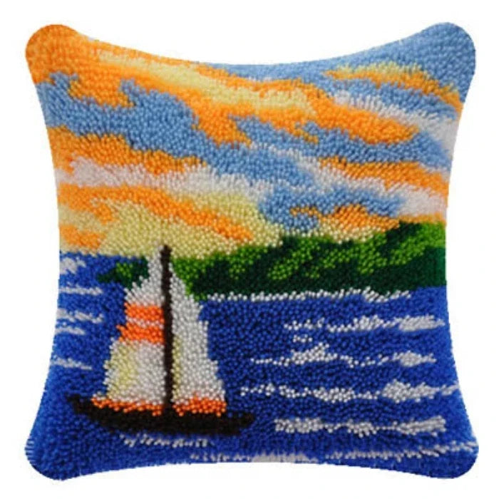 Lighthouse Sailing Latch Hook Set Embroidery Latch Hook Kit Marine Animals Latch Hook Pillow Set Button Pad Package Handmade DIY