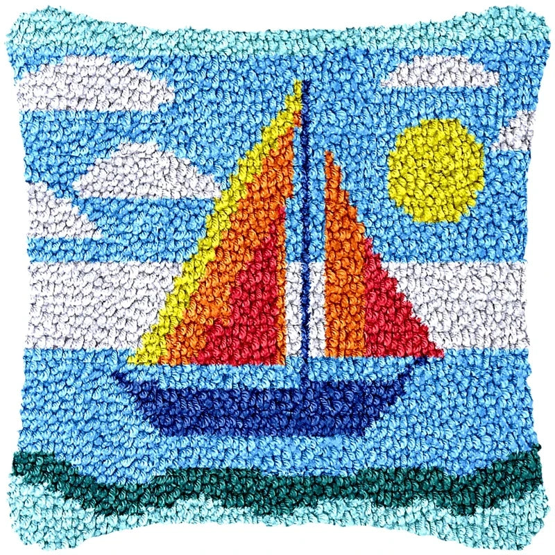 Lighthouse Sailing Latch Hook Set Embroidery Latch Hook Kit Marine Animals Latch Hook Pillow Set Button Pad Package Handmade DIY
