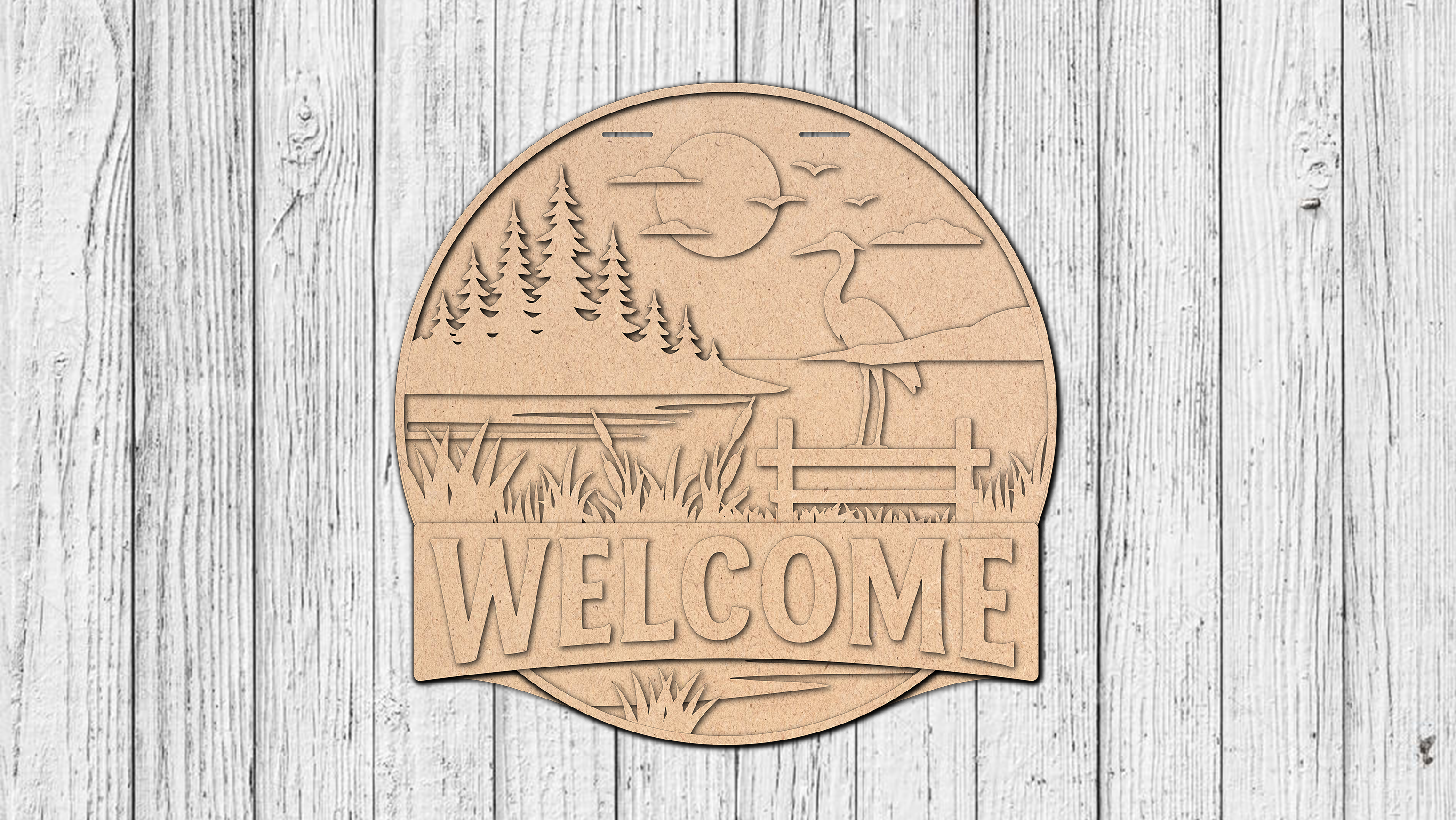 Welcome Lake with Crane Door Hanger - DIY Unfinished Kit - Lvl 2