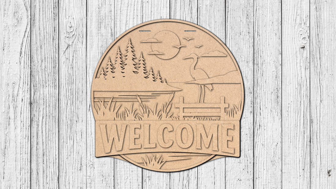 Welcome Lake with Crane Door Hanger - DIY Unfinished Kit - Lvl 2