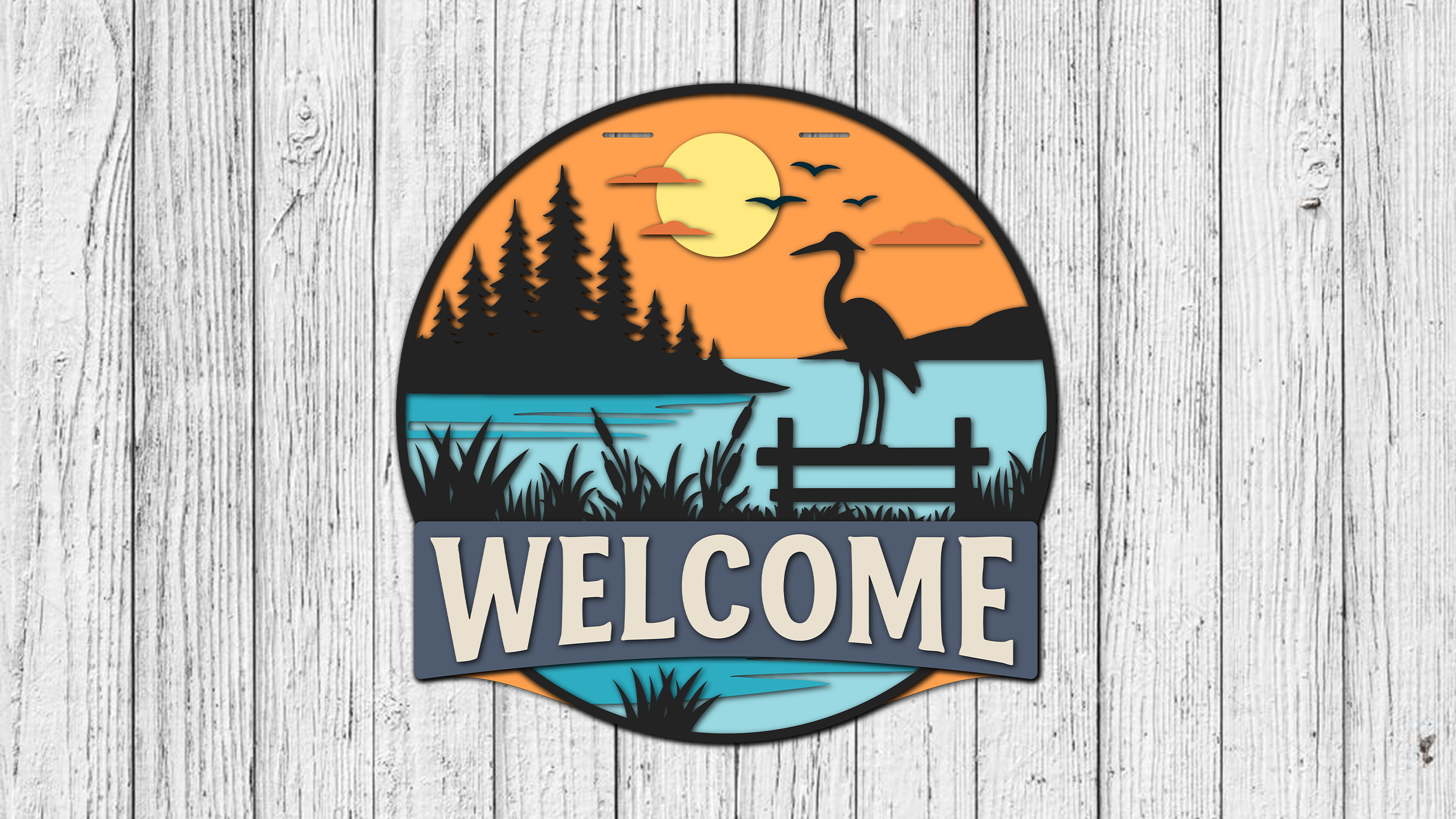 Welcome Lake with Crane Door Hanger - DIY Unfinished Kit - Lvl 2