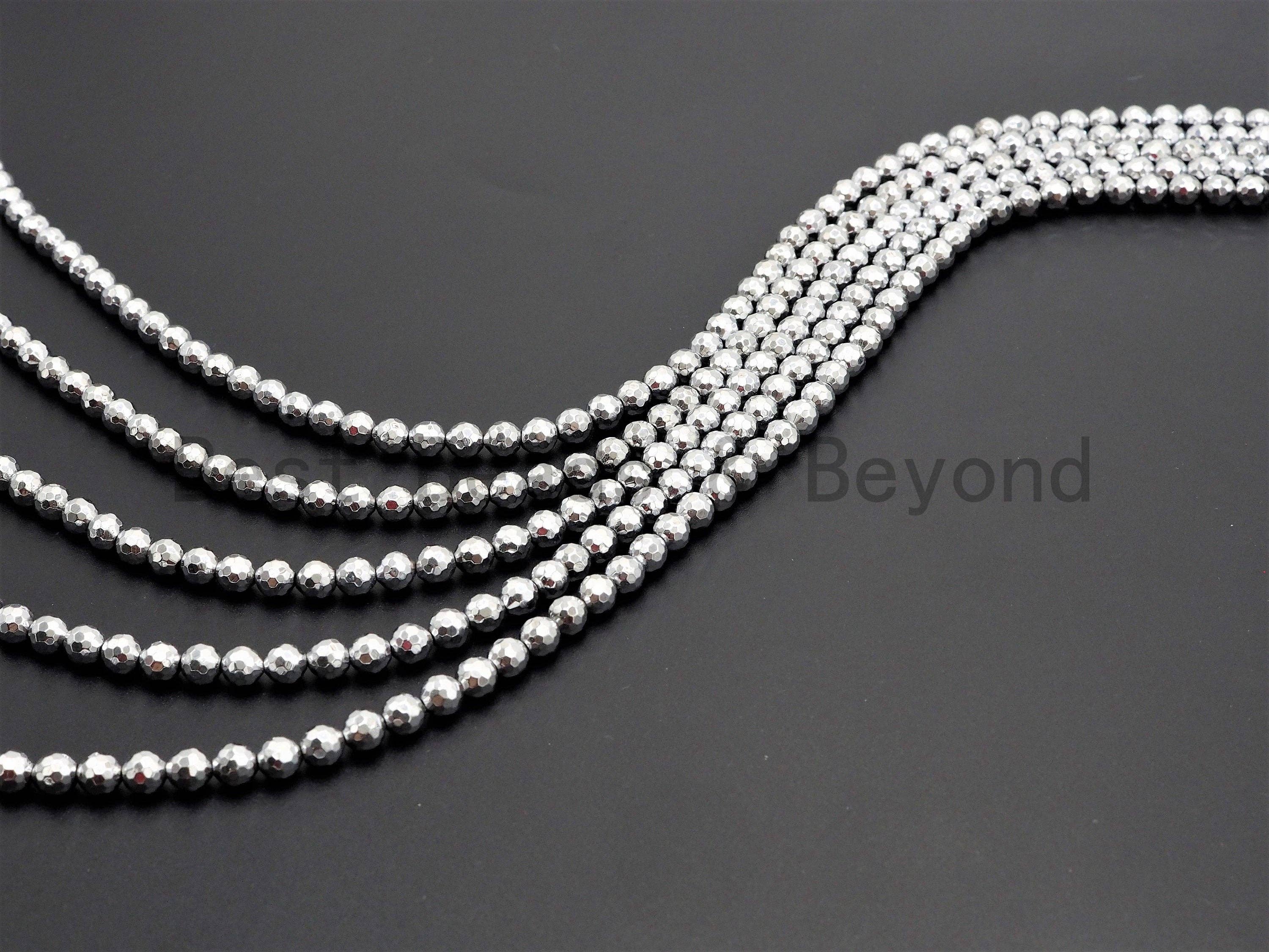 Natural Silver Hematite Beads-2mm/3mm/4mm/6mm/8mm/10mm/12mm Round Faceted Gemstone Beads-15inch Fullstrand-Metallic silver Beads, SKU#S118