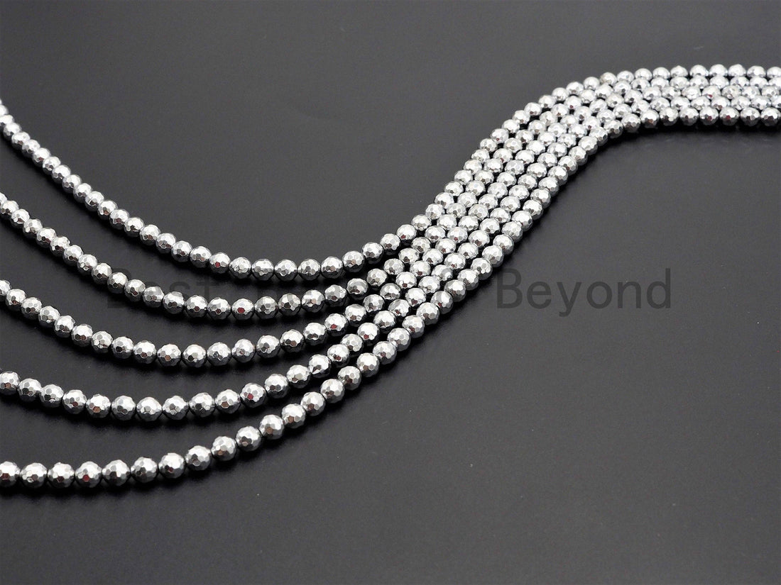 Natural Silver Hematite Beads-2mm/3mm/4mm/6mm/8mm/10mm/12mm Round Faceted Gemstone Beads-15inch Fullstrand-Metallic silver Beads, SKU#S118