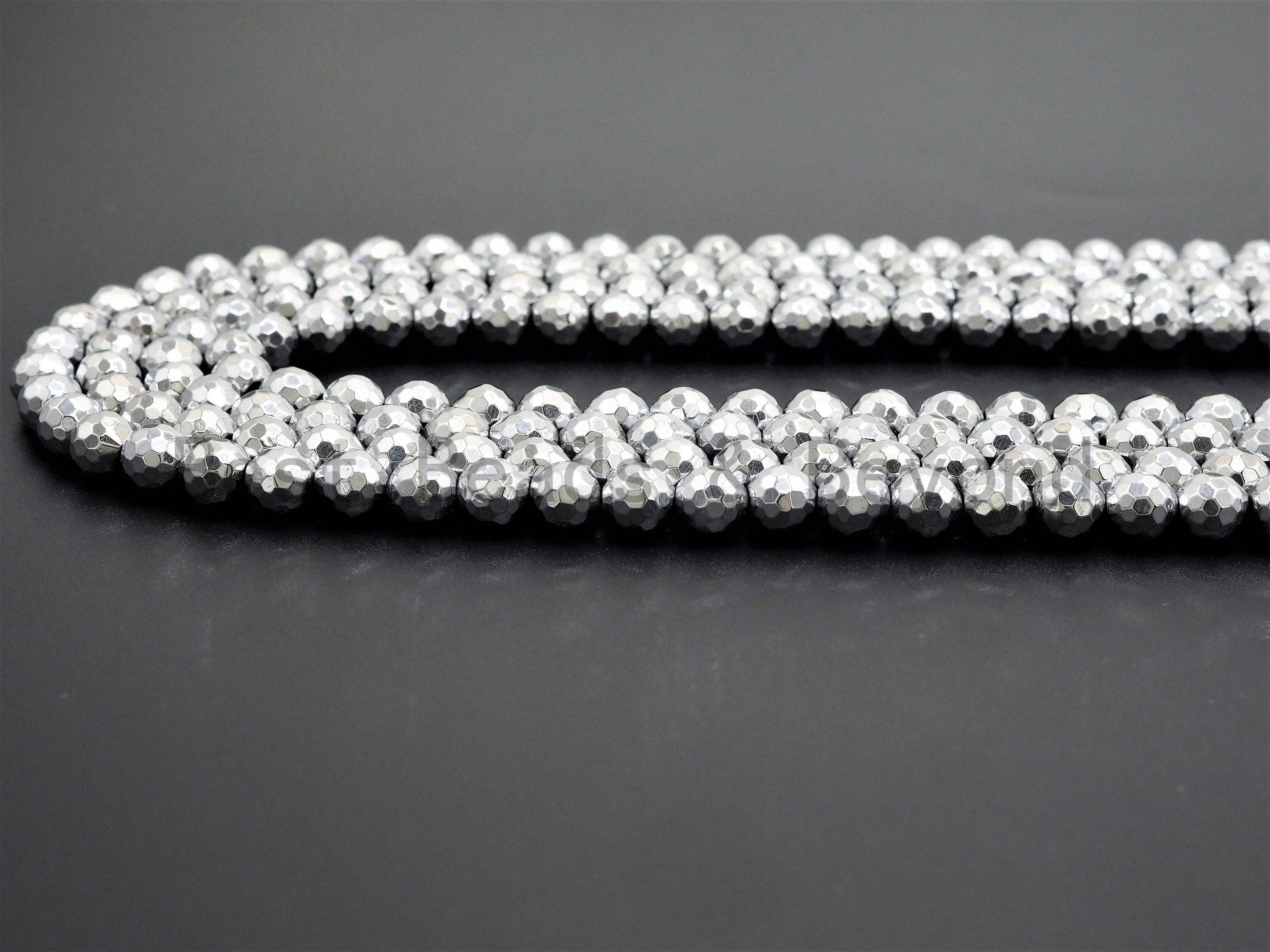 Natural Silver Hematite Beads-2mm/3mm/4mm/6mm/8mm/10mm/12mm Round Faceted Gemstone Beads-15inch Fullstrand-Metallic silver Beads, SKU#S118