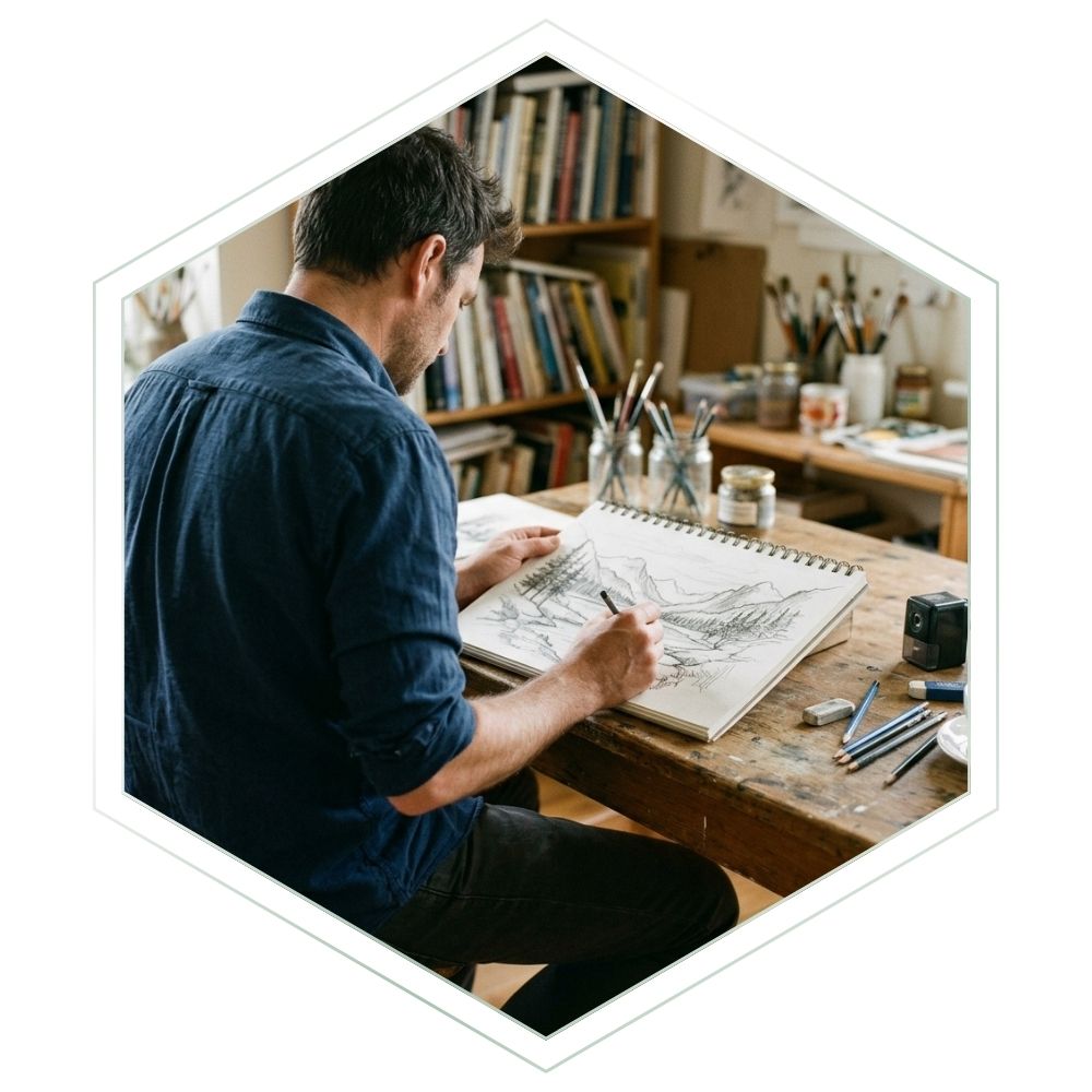 A man in a navy blue shirt sits at a wooden desk in an artist's studio, sketching in a large spiral notebook. The room is filled with bookshelves, art supplies, and jars, and the scene is framed within a white hexagonal border.