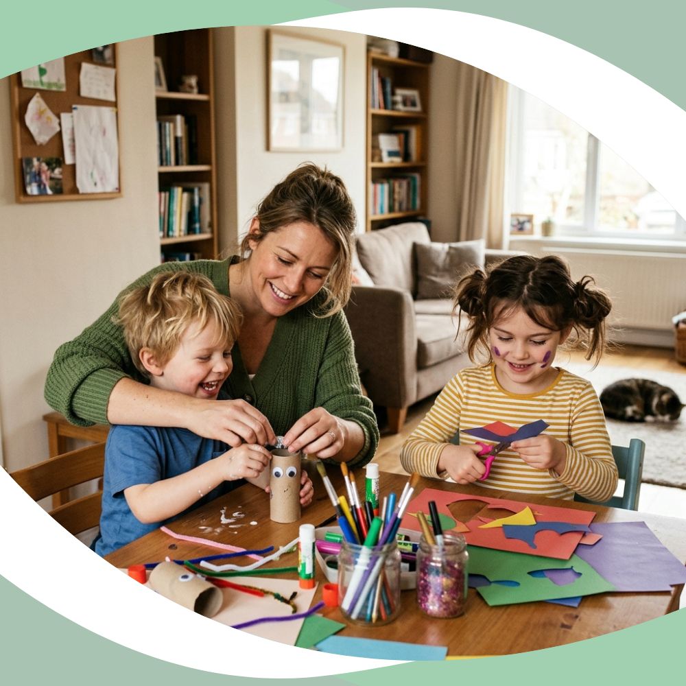 A woman and two children are gathered around a wooden table in a cozy living room, making paper crafts with colorful materials. The scene is framed by a mint green and white circular border.